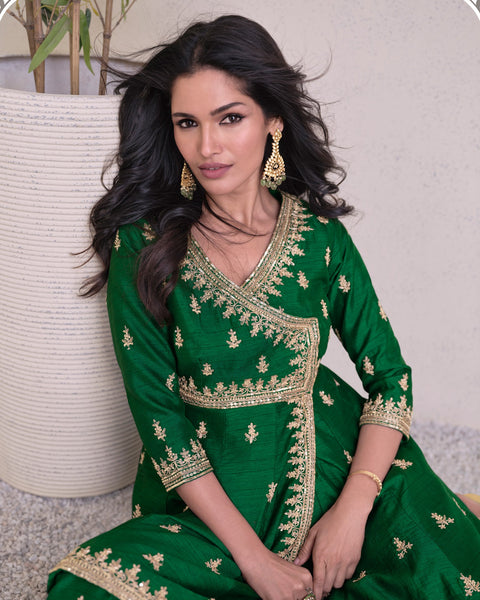 Women Green Silk Sequins & Zari Work Readymade Frock Suit With Embroidered Lehenga