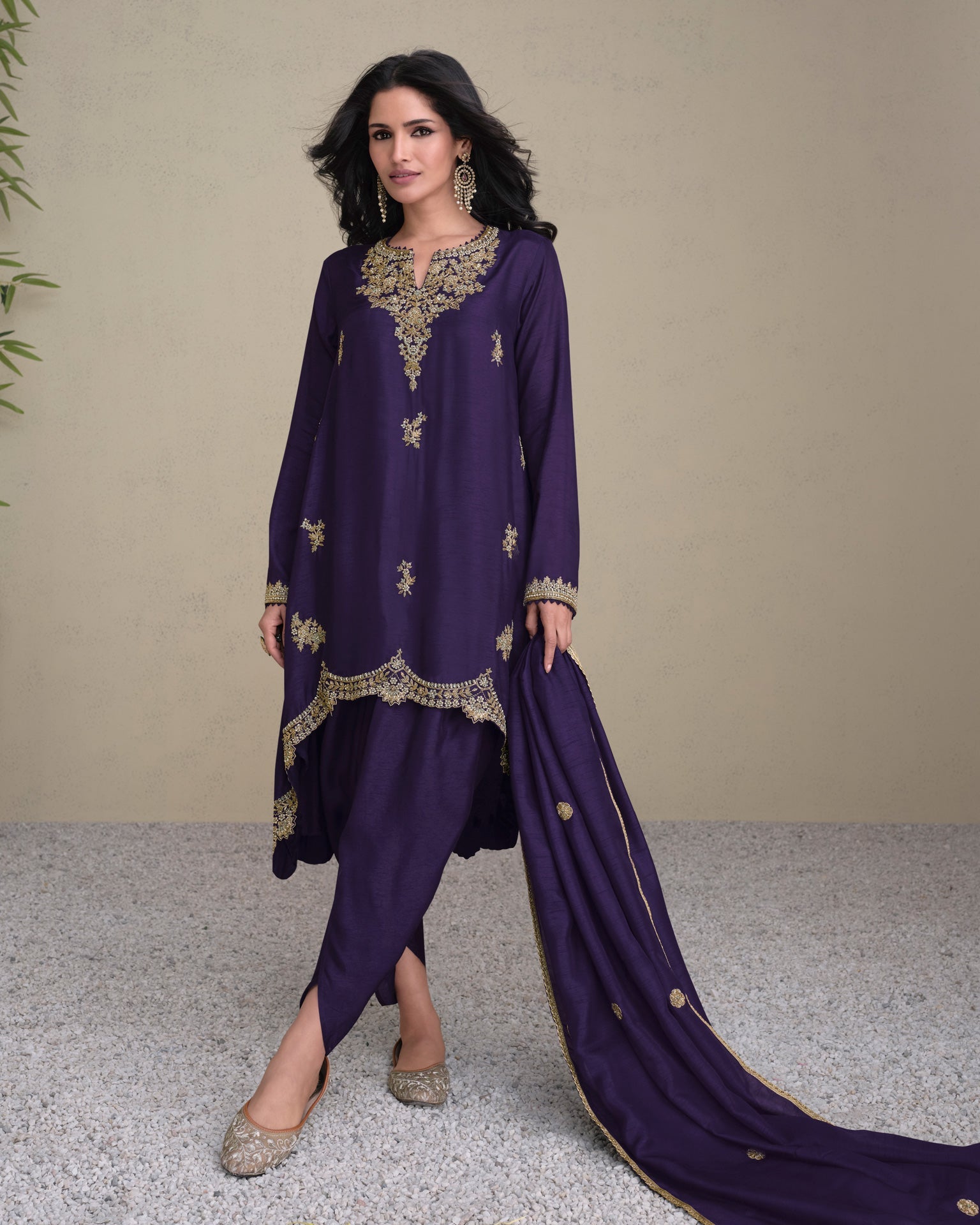 Women Purple Silk Sequins & Zari Work Readymade Asymmetric Kurta With Dhoti Salwar