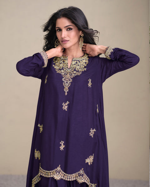 Women Purple Silk Sequins & Zari Work Readymade Asymmetric Kurta With Dhoti Salwar