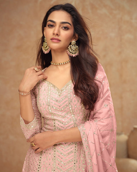 Pink Chinnon  Silk Zari, Sequins & Mirror Embroidery Work Women Readymade Palazzo Suit