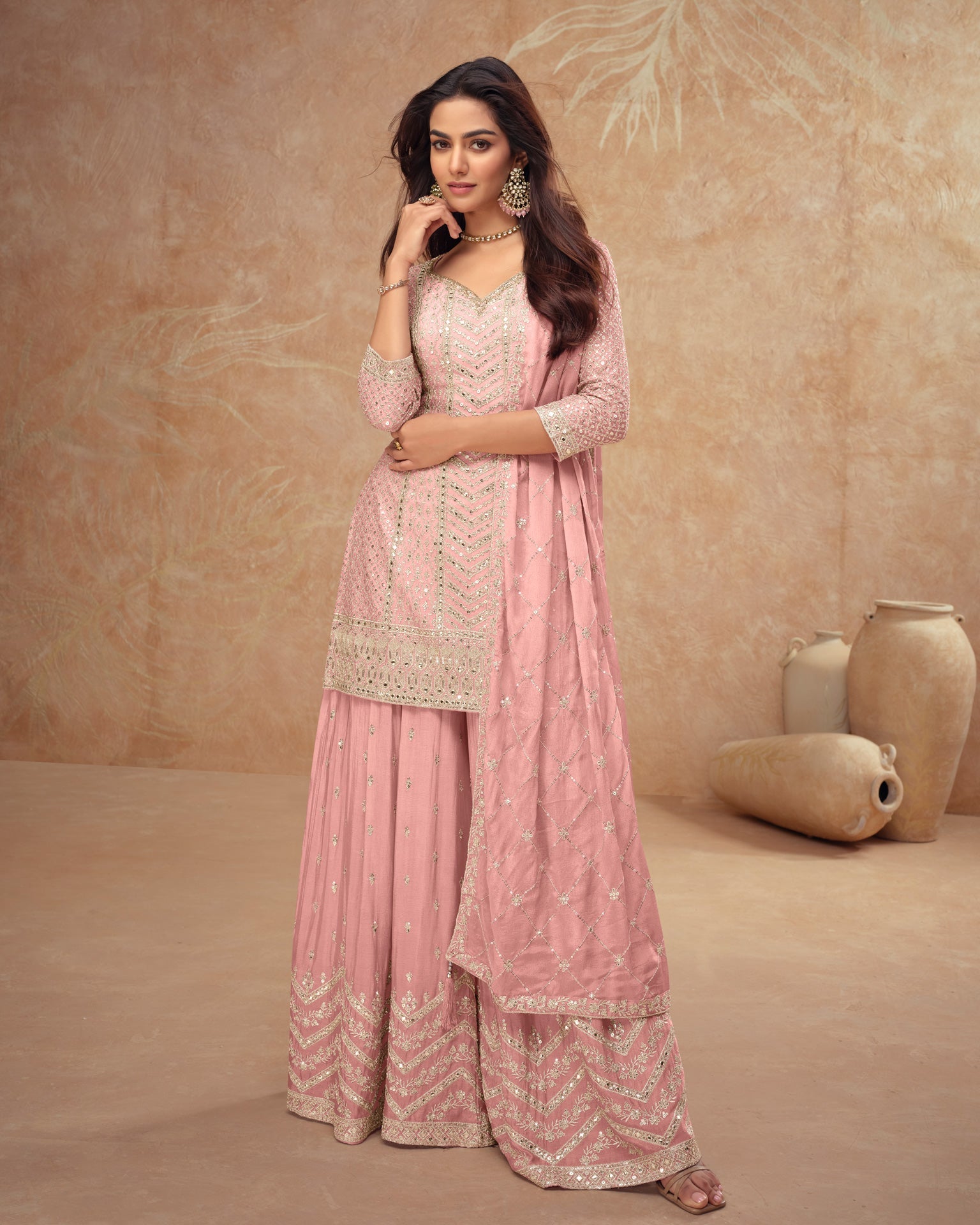 Pink Chinnon  Silk Zari, Sequins & Mirror Embroidery Work Women Readymade Palazzo Suit