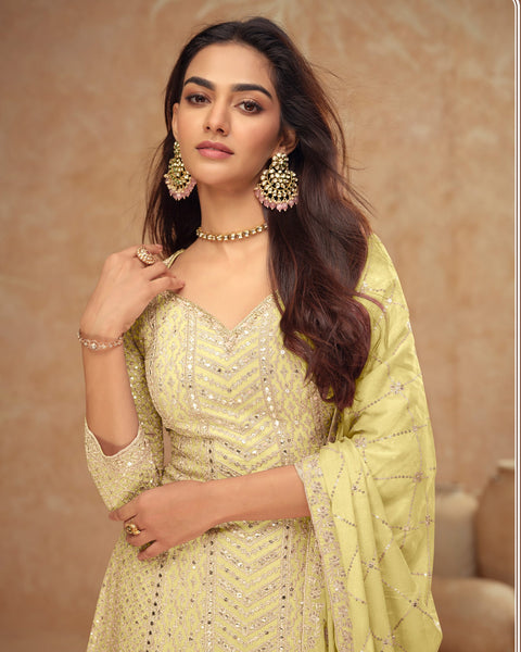 Lemon Yellow Chinnon  Silk Zari, Sequins & Mirror Embroidery Work Women Readymade Palazzo Suit