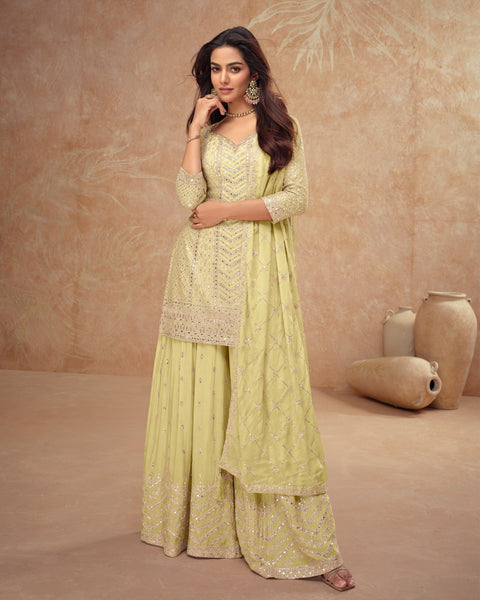 Lemon Yellow Chinnon  Silk Zari, Sequins & Mirror Embroidery Work Women Readymade Palazzo Suit