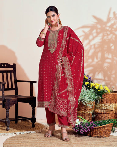 Red Vichitra Silk Readymade Churidar Suit With Embroidered Dupatta