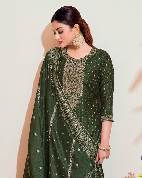 Green Vichitra Silk Readymade Churidar Suit With Embroidered Dupatta