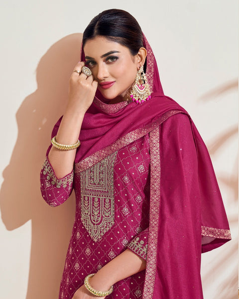 Pink Vichitra Silk Readymade Churidar Suit With Embroidered Dupatta