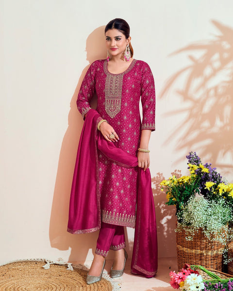 Pink Vichitra Silk Readymade Churidar Suit With Embroidered Dupatta