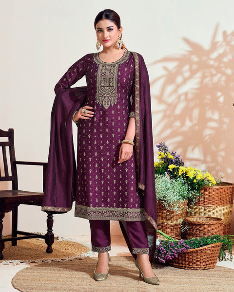 Purple Vichitra Silk Readymade Churidar Suit With Embroidered Dupatta