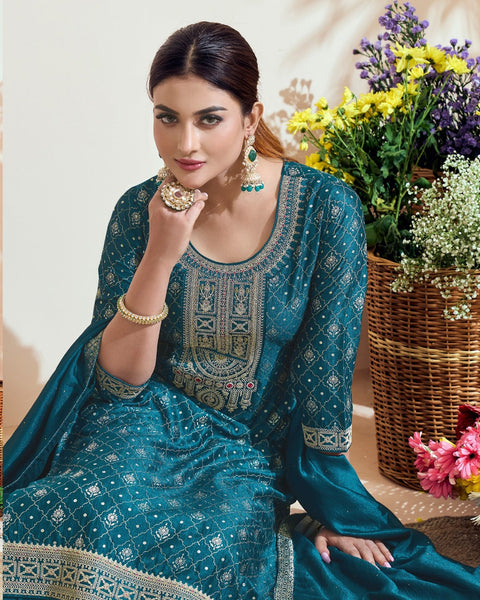 Blue Vichitra Silk Readymade Churidar Suit With Embroidered Dupatta