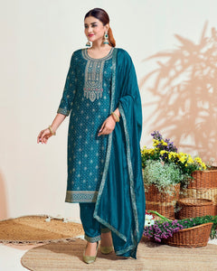 Blue Vichitra Silk Readymade Churidar Suit With Embroidered Dupatta