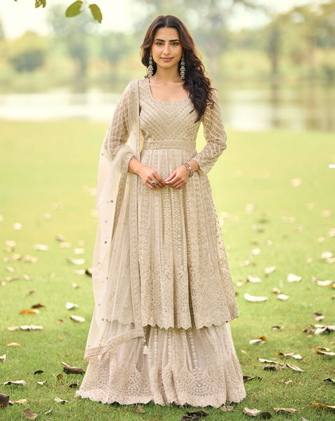 Beige Net Readymade Anarkali Suit With Palazzo For Women