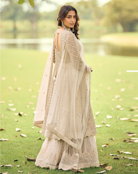 Beige Net Readymade Anarkali Suit With Palazzo For Women