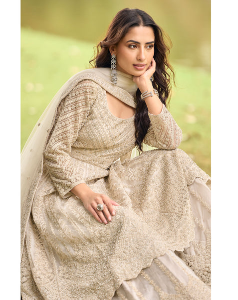 Beige Net Readymade Anarkali Suit With Palazzo For Women