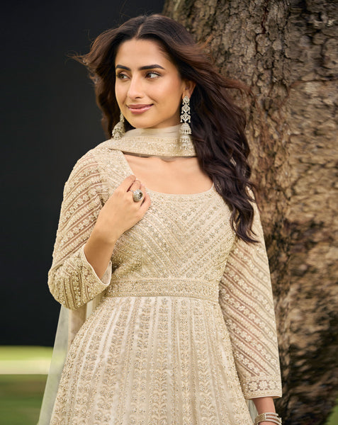Beige Net Readymade Anarkali Suit With Palazzo For Women