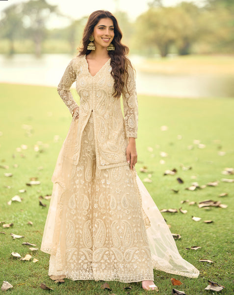 Beige Net Readymade Short Kurta With Palazzo For Women