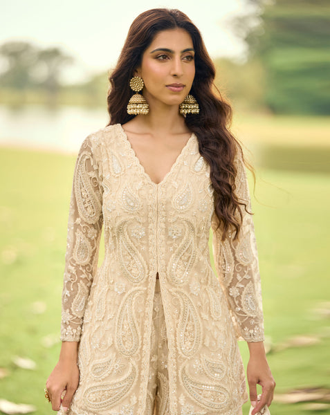 Beige Net Readymade Short Kurta With Palazzo For Women