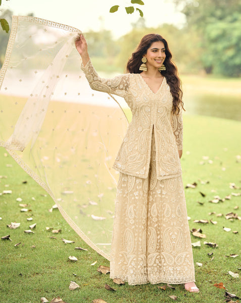 Beige Net Readymade Short Kurta With Palazzo For Women