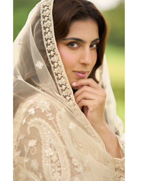 Beige Net Readymade Short Kurta With Palazzo For Women