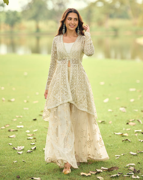 Off White Net Readymade Palazzo Suit With Jacket For Women