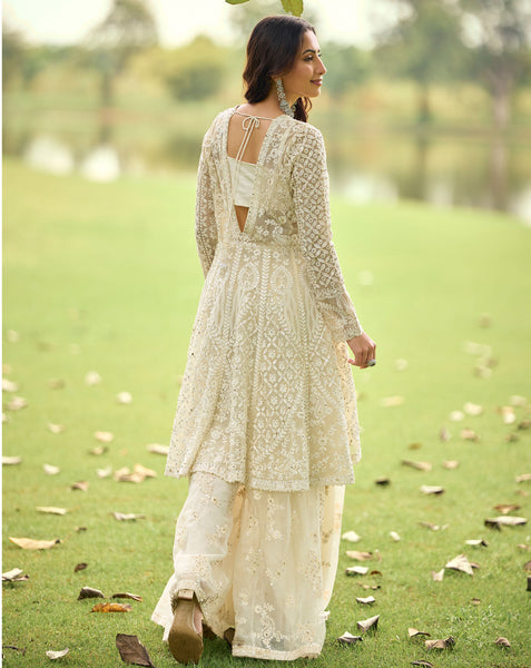 Off White Net Readymade Palazzo Suit With Jacket For Women