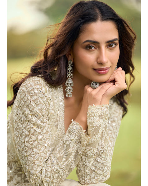 Off White Net Readymade Palazzo Suit With Jacket For Women