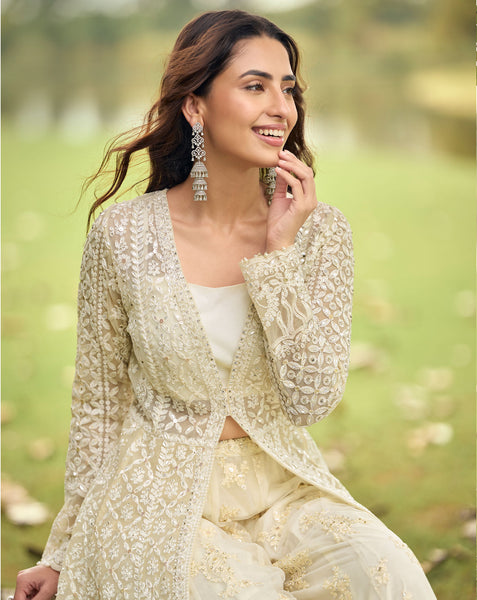 Off White Net Readymade Palazzo Suit With Jacket For Women