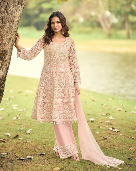 Pink Net Readymade Anarkali Suit With Palazzo For Women