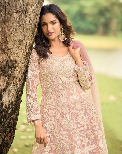 Pink Net Readymade Anarkali Suit With Palazzo For Women