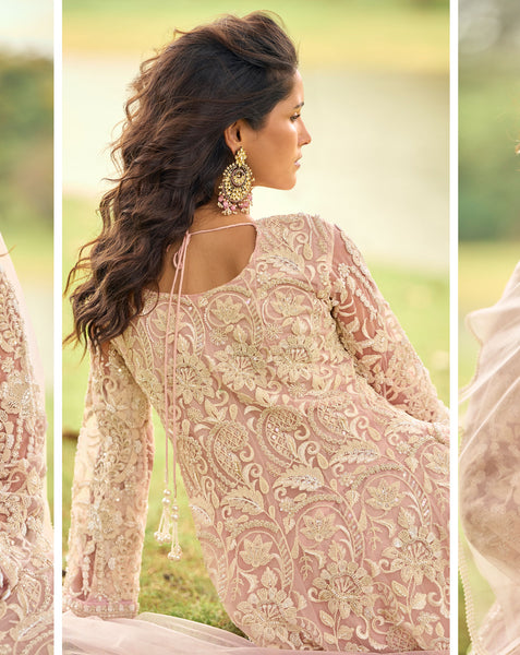 Pink Net Readymade Anarkali Suit With Palazzo For Women
