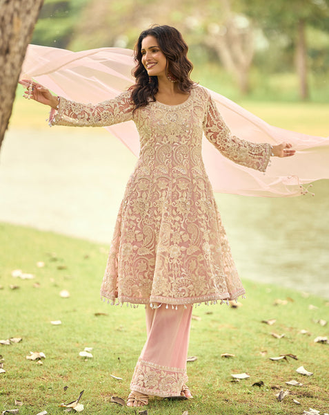 Pink Net Readymade Anarkali Suit With Palazzo For Women