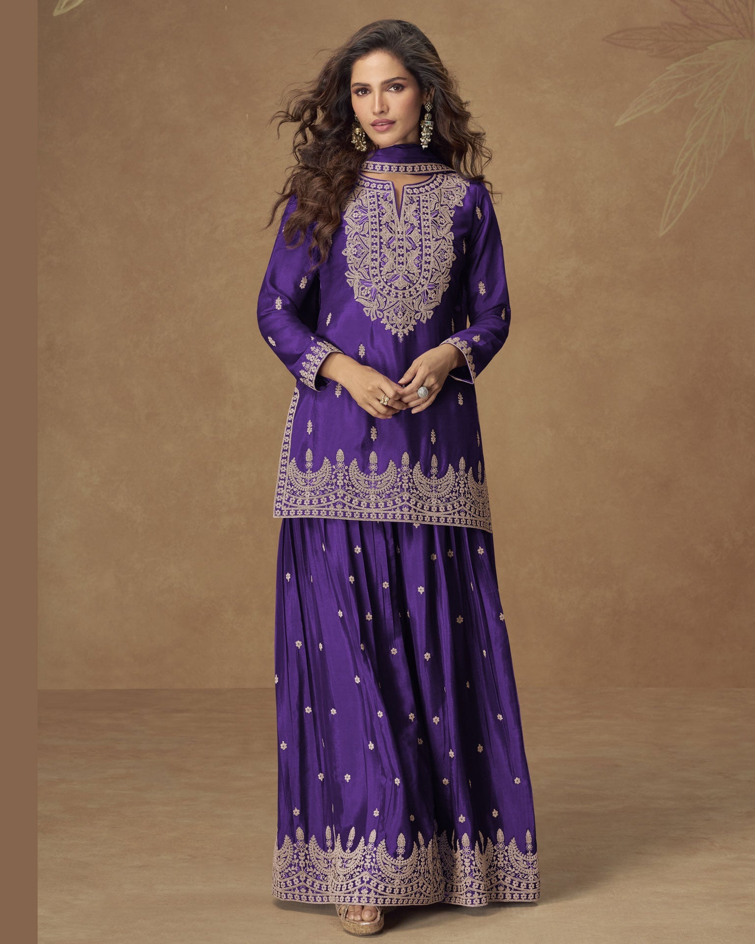 Purple Chinnon Silk Readymade Woman Palazzo Suit With Chinnon Dupatta