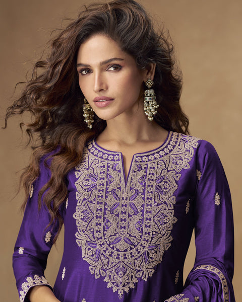 Purple Chinnon Silk Readymade Woman Palazzo Suit With Chinnon Dupatta
