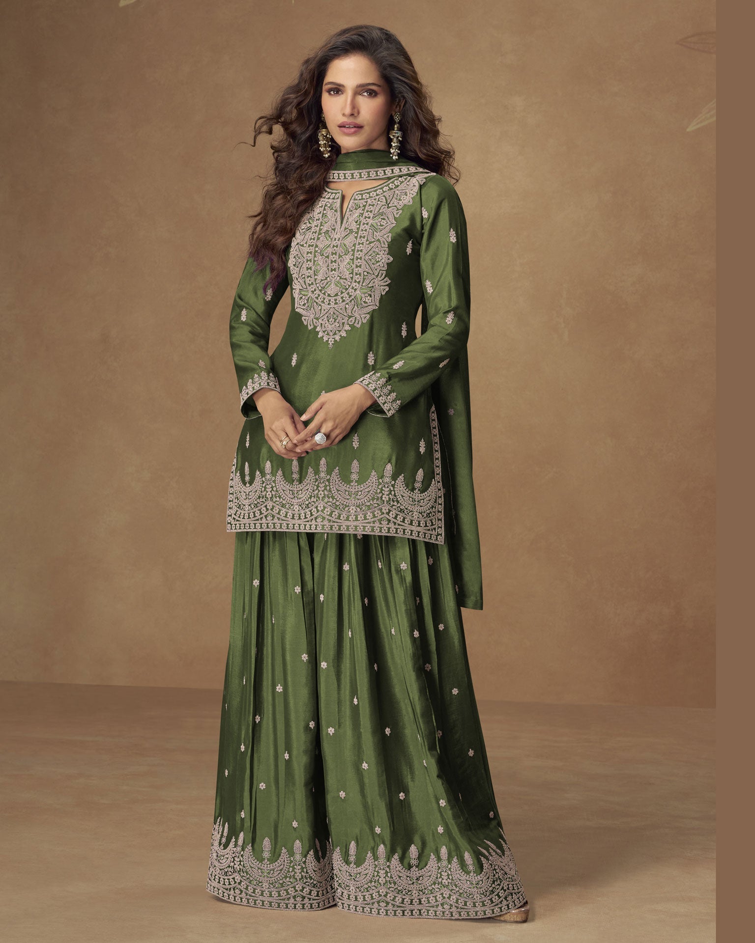 Green Chinnon Silk Readymade Woman Palazzo Suit With Chinnon Dupatta
