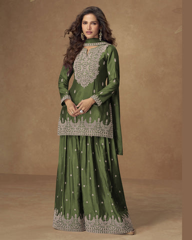 Green Chinnon Silk Readymade Woman Palazzo Suit With Chinnon Dupatta