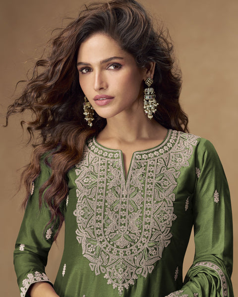 Green Chinnon Silk Readymade Woman Palazzo Suit With Chinnon Dupatta