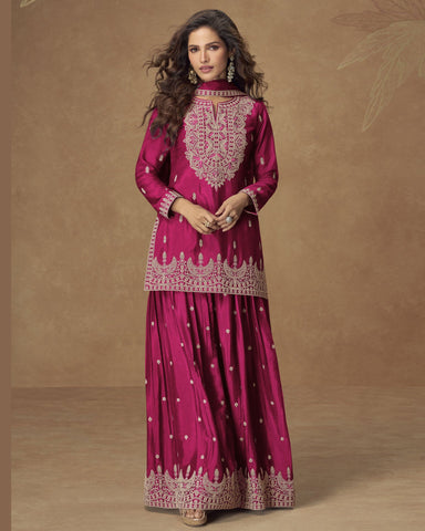 Magenta Chinnon Silk Readymade Woman Palazzo Suit With Chinnon Dupatta