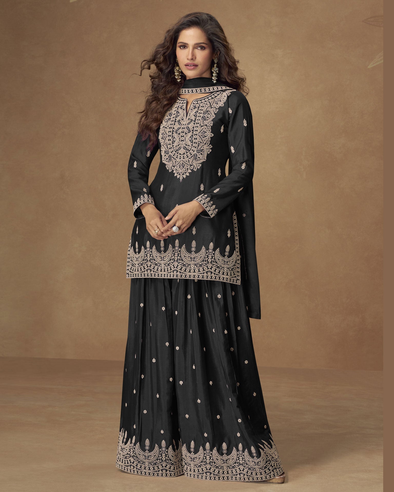 Black Chinnon Silk Readymade Woman Palazzo Suit With Chinnon Dupatta
