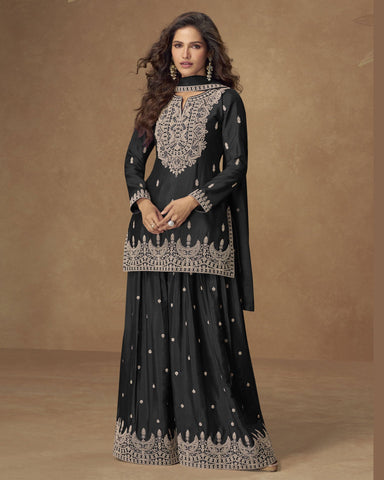 Black Chinnon Silk Readymade Woman Palazzo Suit With Chinnon Dupatta