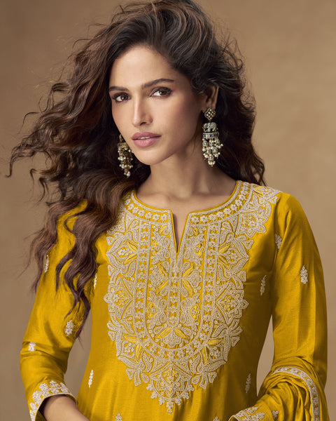 Yellow Chinnon Silk Readymade Woman Palazzo Suit With Chinnon Dupatta