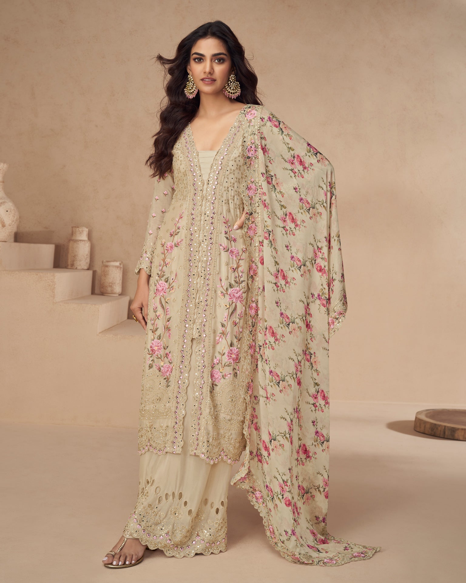 Beige Chinnon Silk Thread Mirror Work Women Readymade Palazzo Suit