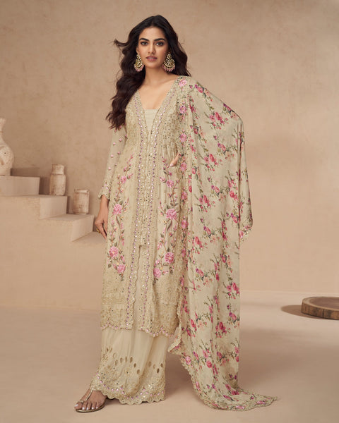 Beige Chinnon Silk Thread Mirror Work Women Readymade Palazzo Suit