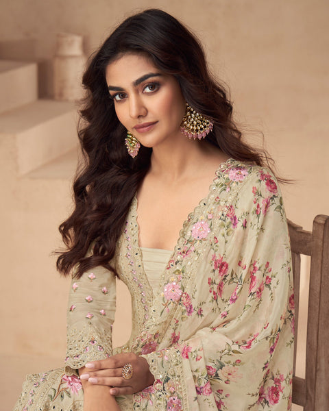 Beige Chinnon Silk Thread Mirror Work Women Readymade Palazzo Suit