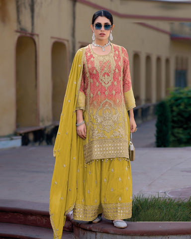 Yellow & Red Zari Work Chinnon Silk Wedding Palazzo Suit With Embroidered Dupatta