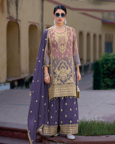 Mauve & Blue Zari Work Chinnon Silk Wedding Palazzo Suit With Embroidered Dupatta
