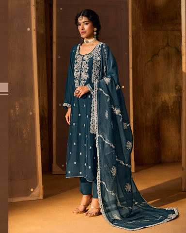 Blue Pure Bamber Silk Embroidered Women Unstitched Plus Size Pant Suit With Embroidered Dupatta