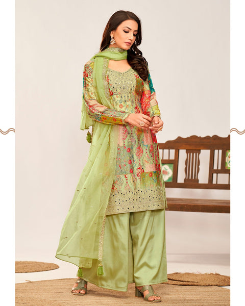 Green Women Readymade Chinnon Silk Zari Mirror Work Printed Palazzo Suit With Organza Silk Dupatta