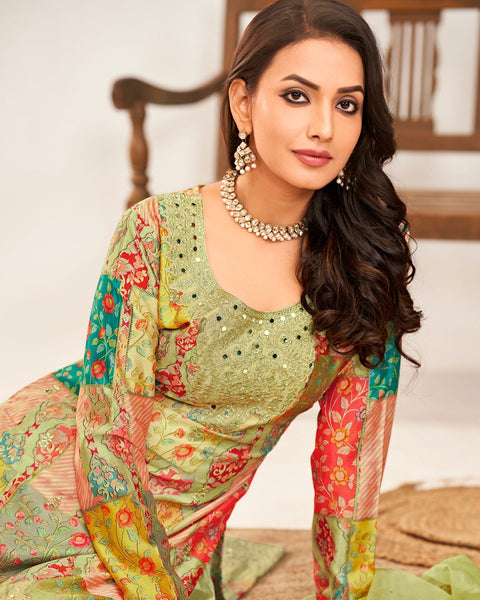 Green Women Readymade Chinnon Silk Zari Mirror Work Printed Palazzo Suit With Organza Silk Dupatta