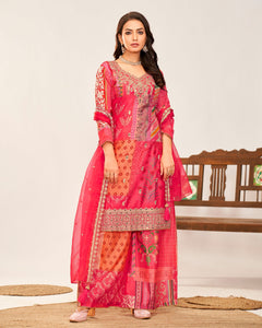 Pink Women Readymade Chinnon Silk Zari Mirror Work Printed Palazzo Suit With Organza Silk Dupatta