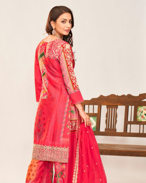 Pink Women Readymade Chinnon Silk Zari Mirror Work Printed Palazzo Suit With Organza Silk Dupatta