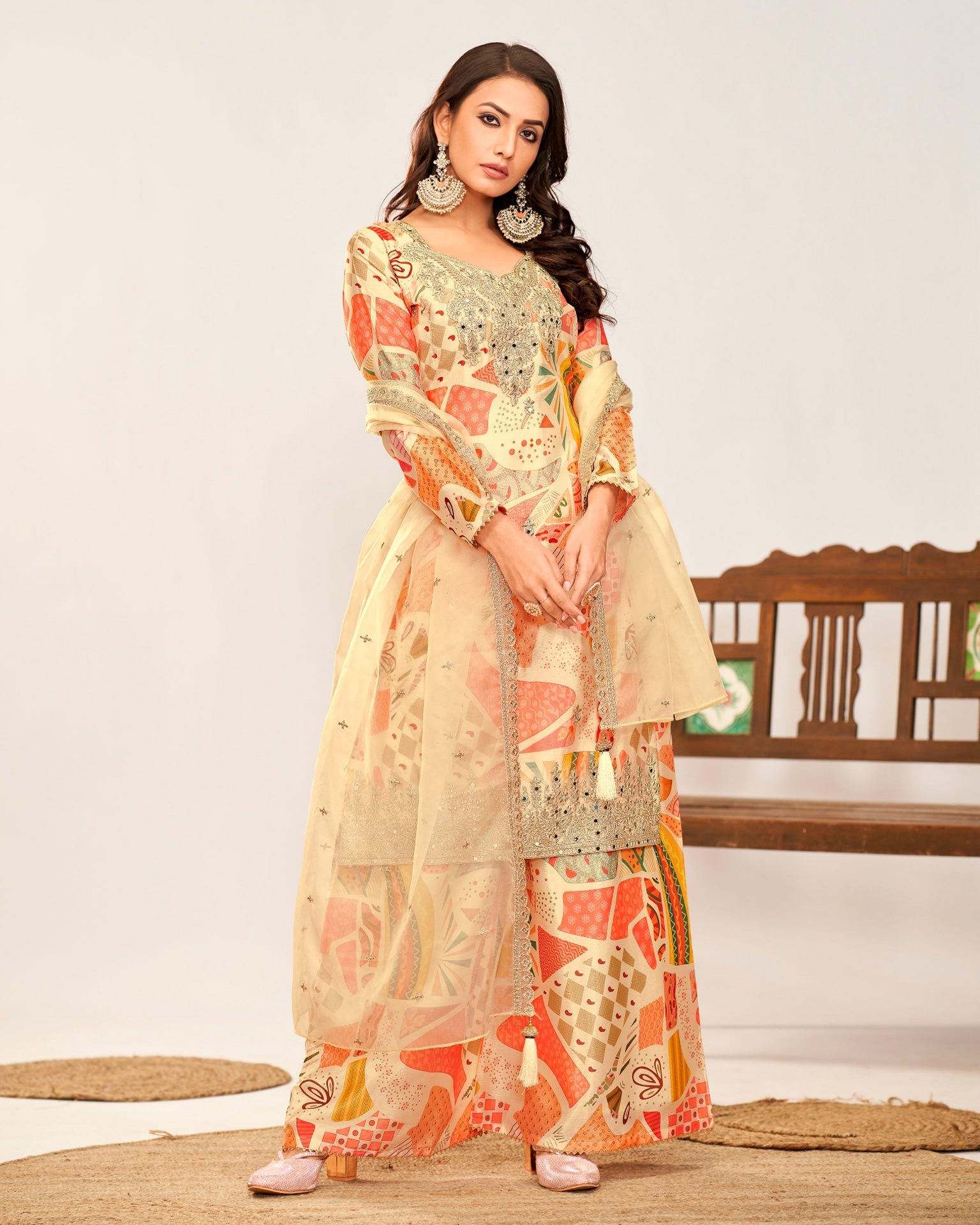 Cream Women Readymade Chinnon Silk Zari Mirror Work Printed Palazzo Suit With Organza Silk Dupatta